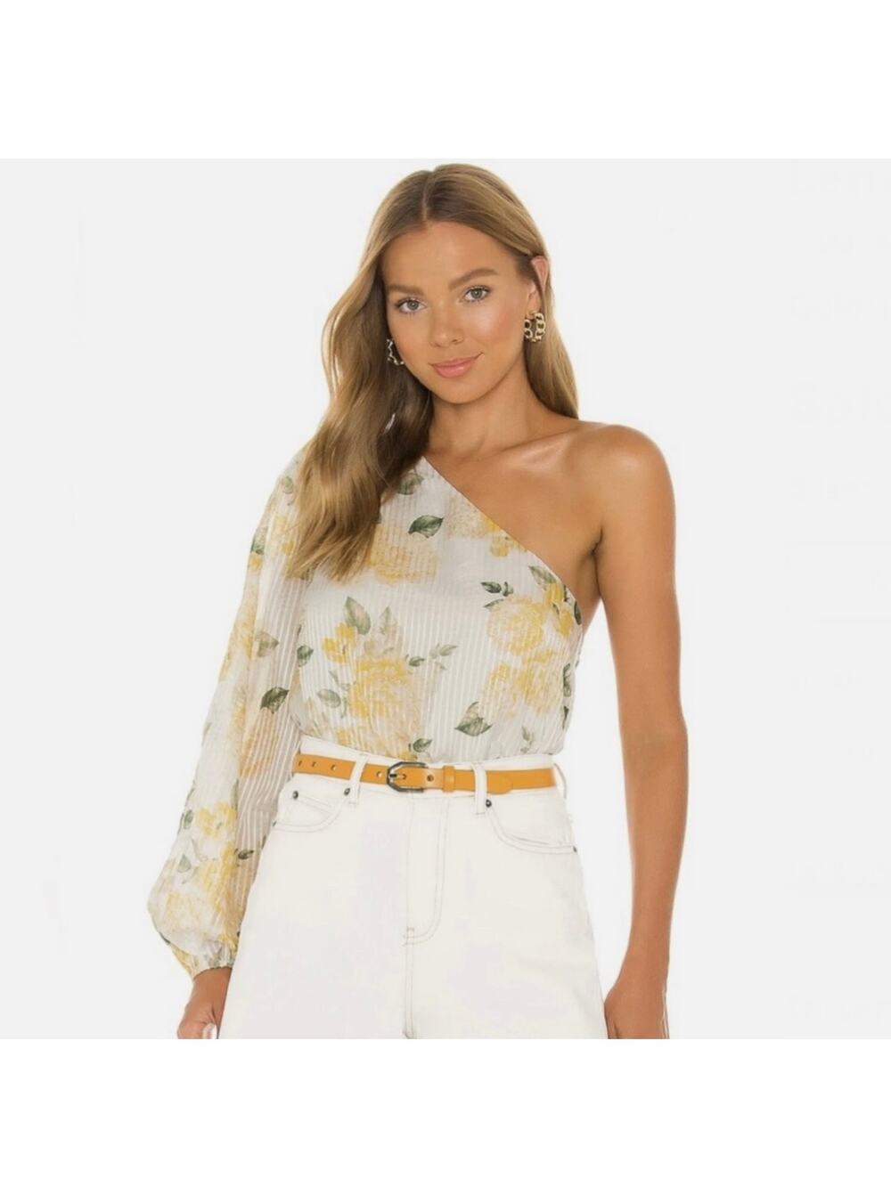 REVOLVE Cami NYC Lenore One-Shoulder Top - Yellow Floral Blouse - Size L